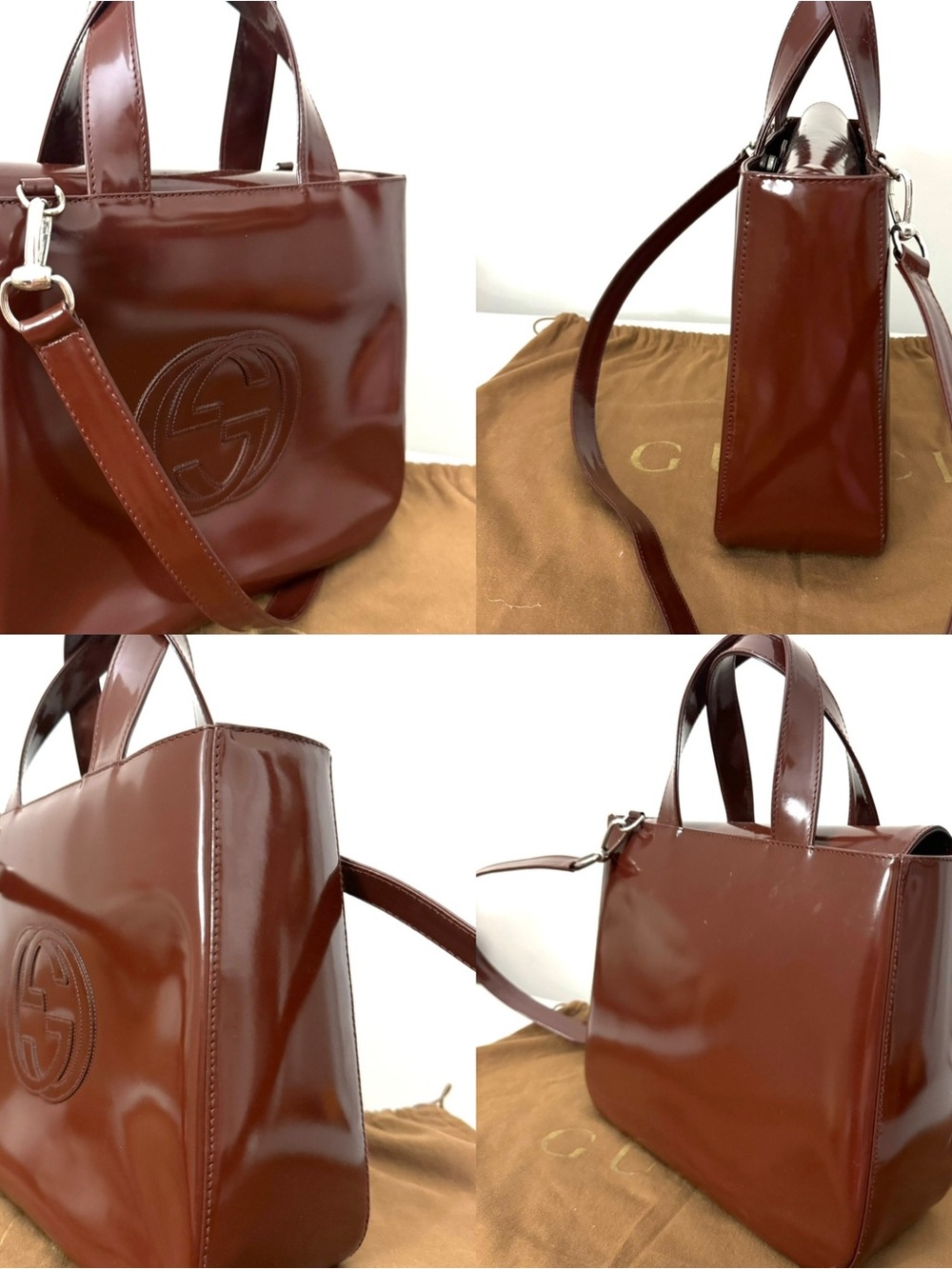 Authentic Gucci Glossy Brown Patent Leather Satchel with Double G Emboss - Picture 14 of 16